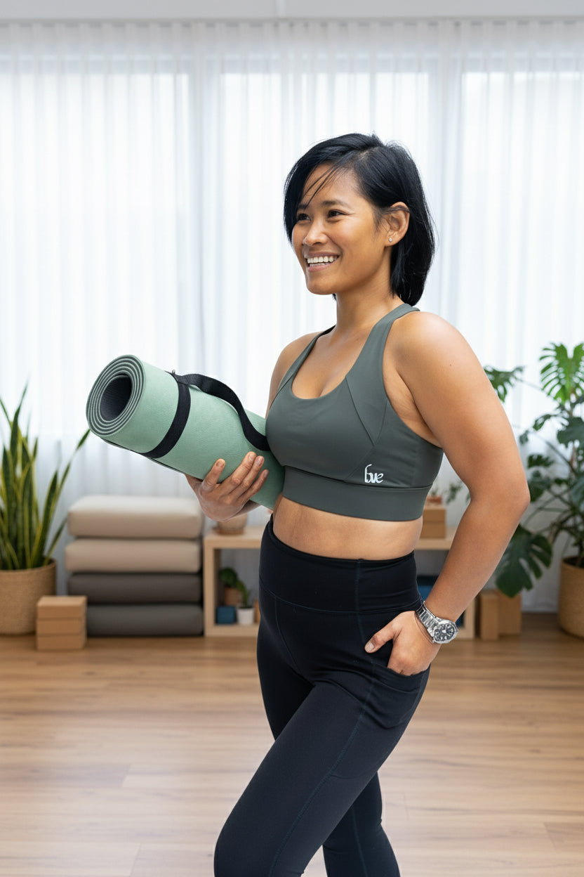 Ready for yoga wearing a Cindy sports bra.